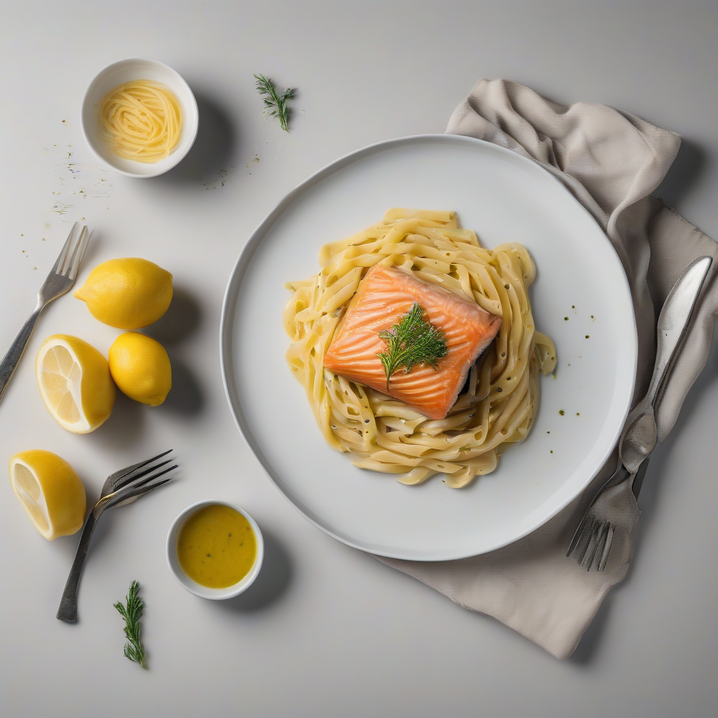 Gebakken zalmfilet met pasta en citroen-dillesaus