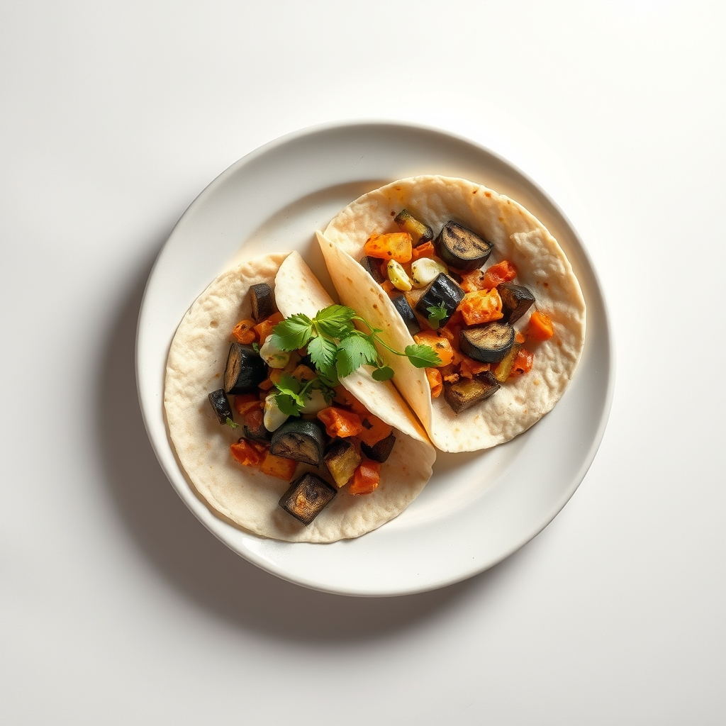 Mexicaanse wraps met aubergine, zwarte bonen en mais