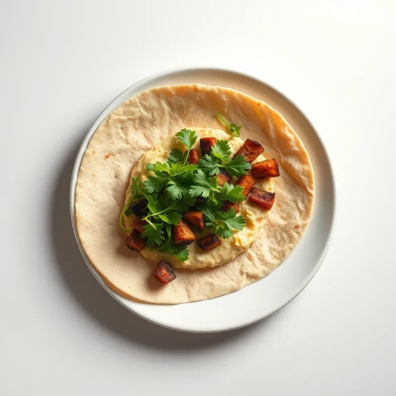 Volkoren wrap met een smeersel van hummus, gegrilde groenten en rucola