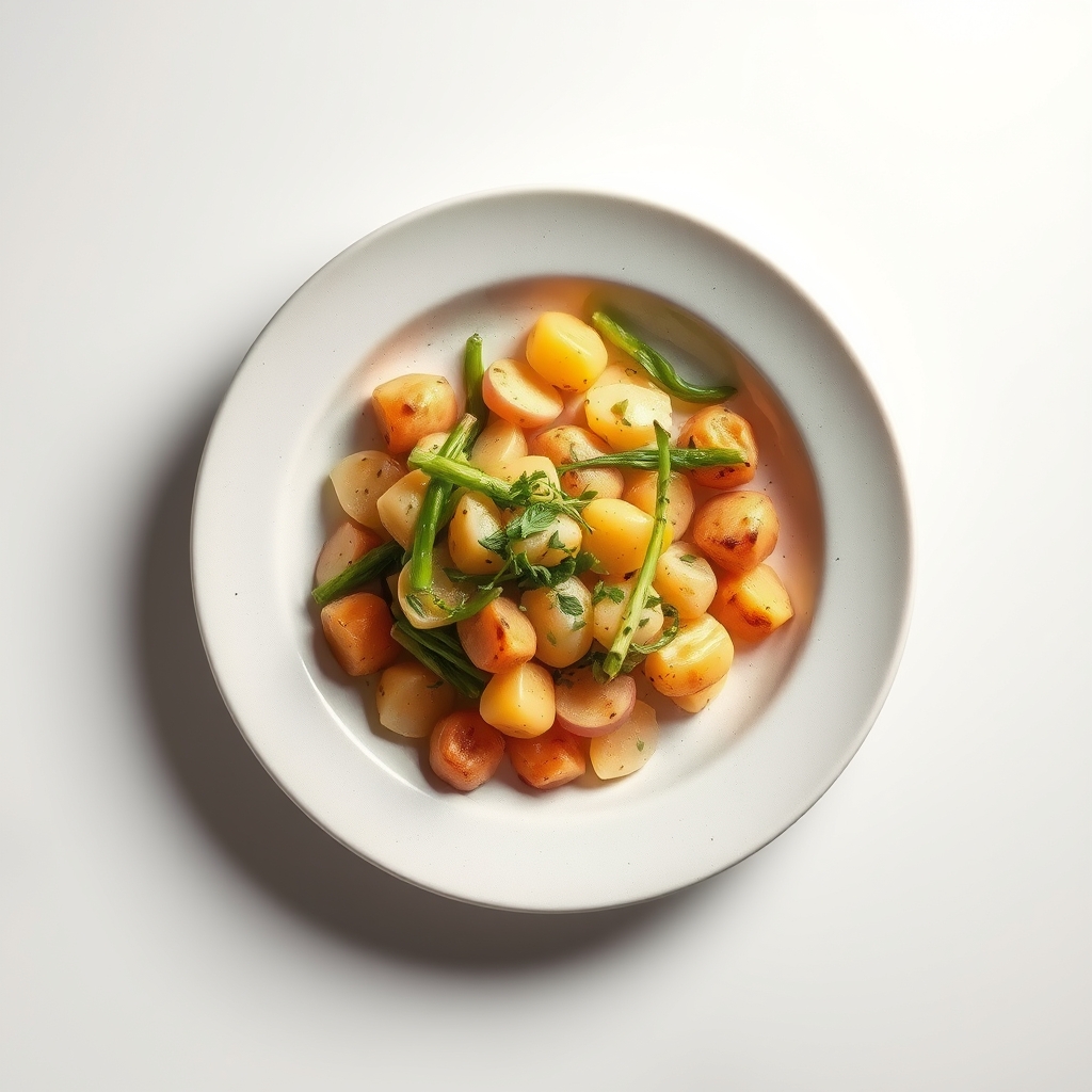 Gebakken zalm met lente-ui, groene asperges en geroosterde aardappelen