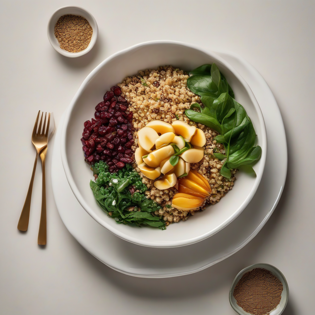 Quinoa bowl met geroosterde kikkererwten, spinazie en granaatappeldressing
