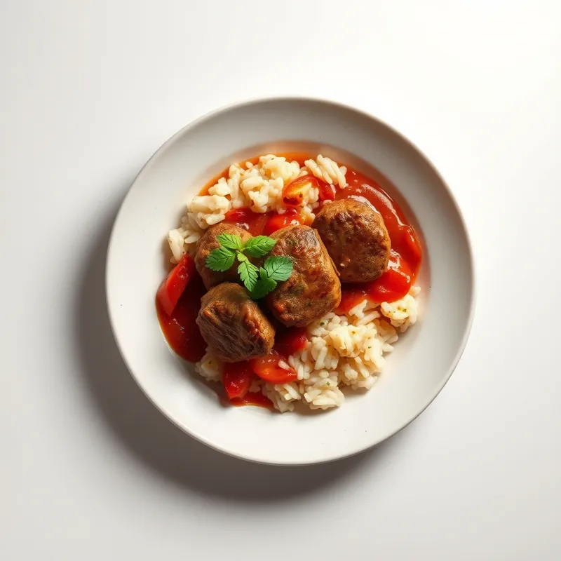 Kofta met tomatensaus, rijst en gegrilde groenten