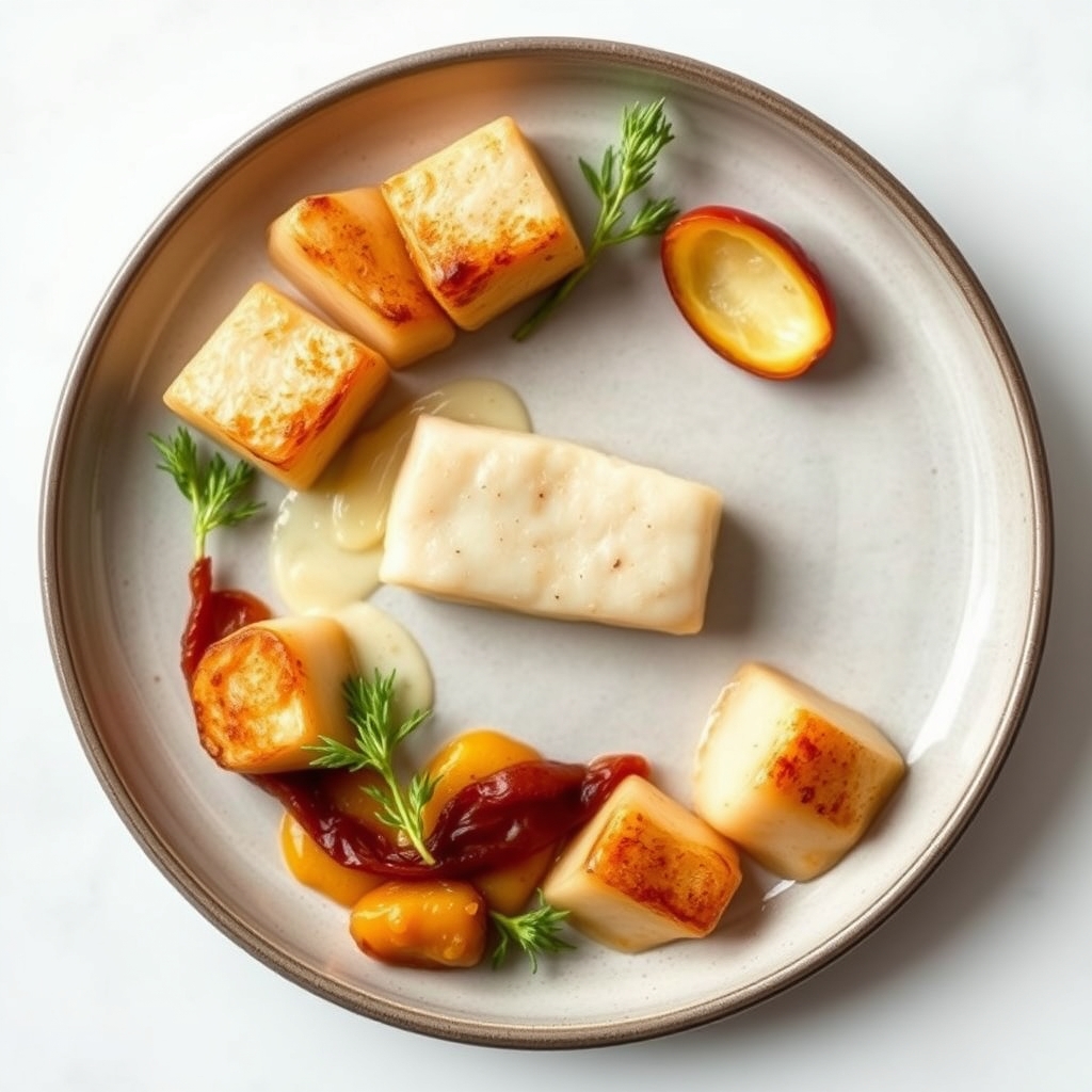 Gebakken kabeljauw met een bloemkoolpuree en balsamico-geglazuurde spruitjes
