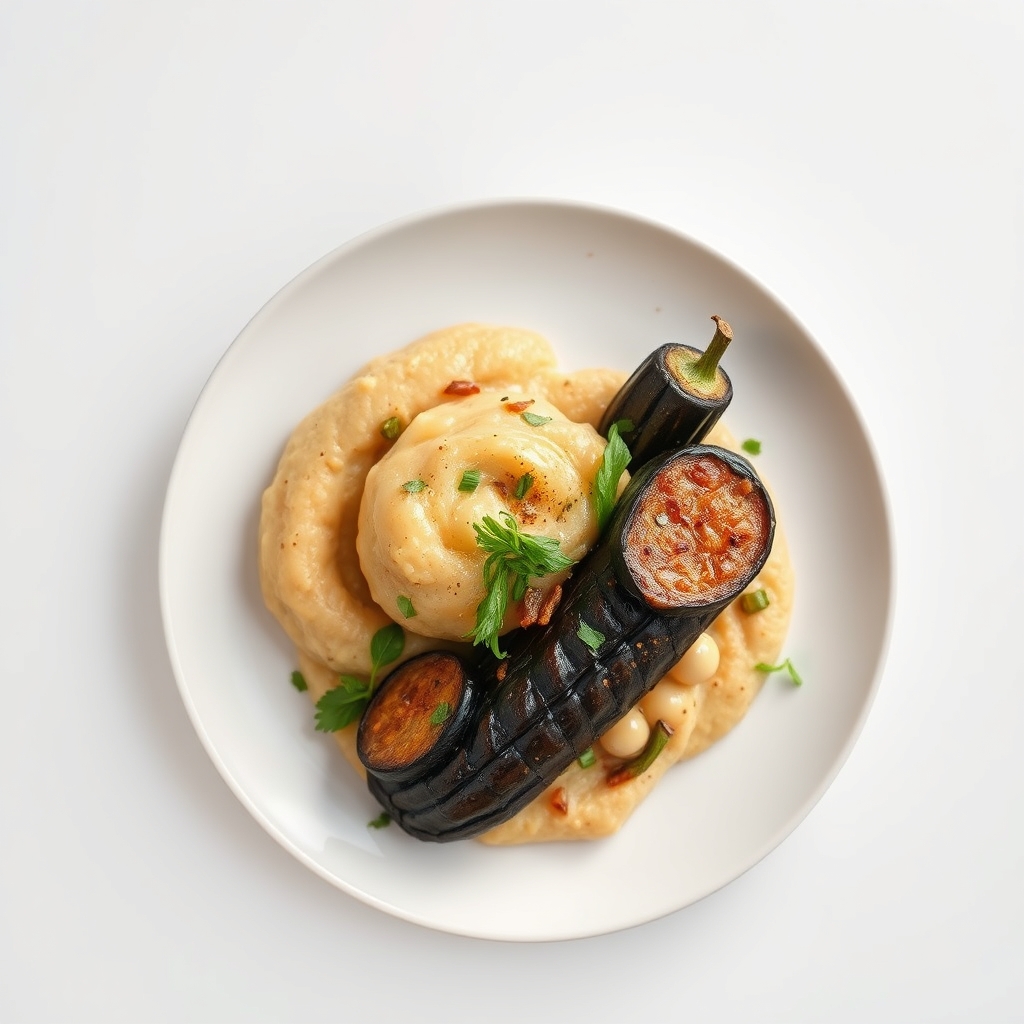 Vegetarische aubergineboter met linzen, spinazie en zoete aardappel puree