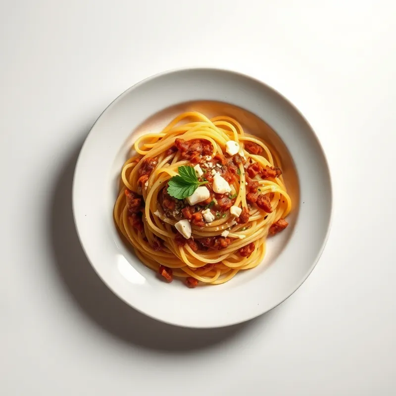 Spaghetti met vegetarische bolognesesaus en Parmezaanse kaas