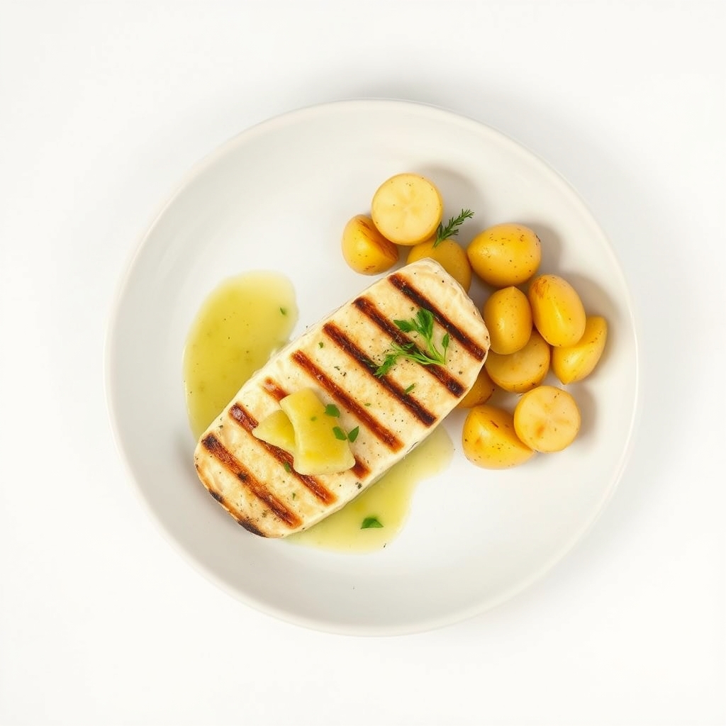 Zalmmoot gegrild met citroen-tijmmarinade, geserveerd met witte asperges en gekookte aardappelen, afgewerkt met gesmolten boter. Gemaakt voor twee personen.