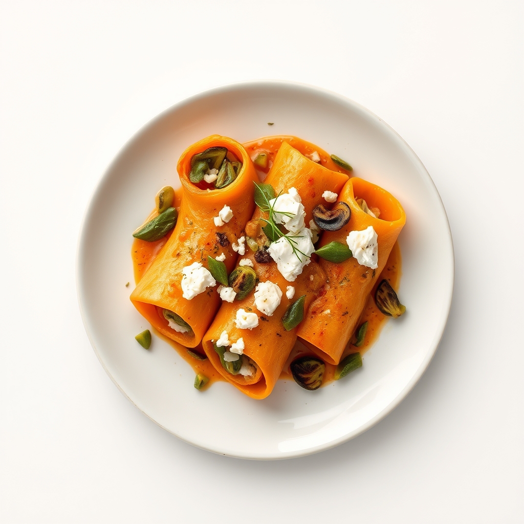 Paprikarolletjes gevuld met een mengsel van feta, spinazie en kruiden, geserveerd met gegrilde groenten