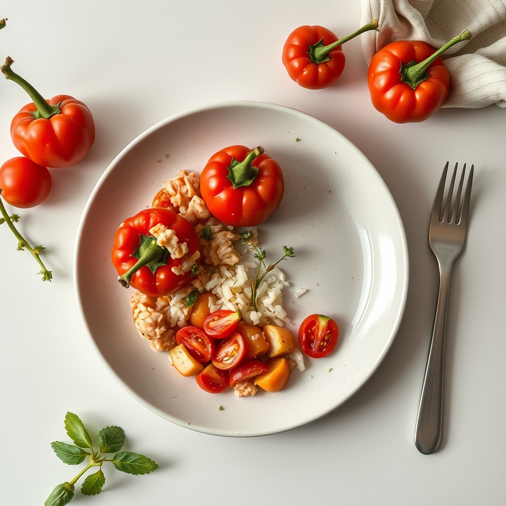 Hele rode paprika's gevuld met een mengsel van rundergehakt, gekookte rijst, gesnipperde ui, en kruiden, gebakken in een huisgemaakte tomatensaus. Gemaakt voor twee personen.