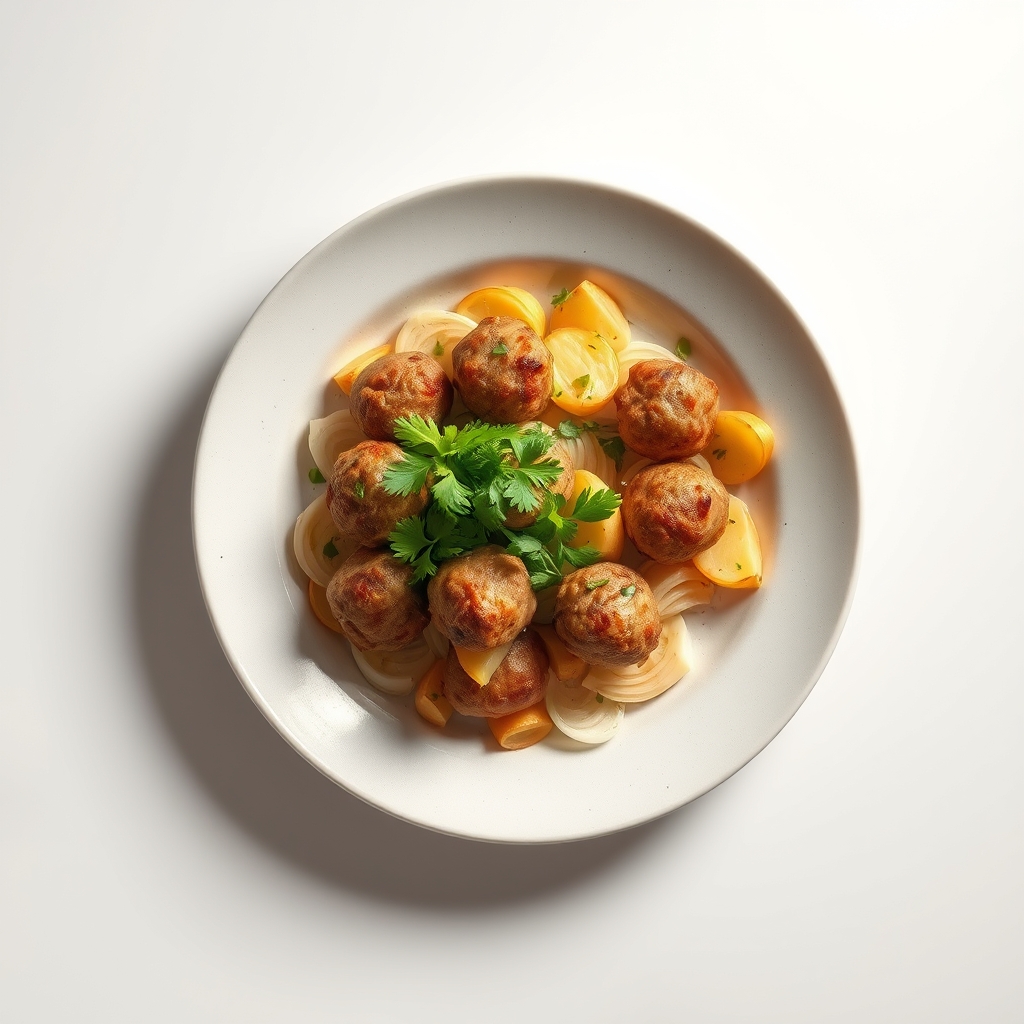 Traditionele gehaktballen met gebakken aardappelen en een frisse salade