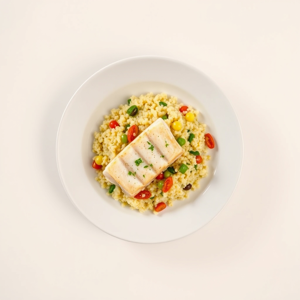 Gekruide kabeljauw met boerensalade en volkoren couscous.