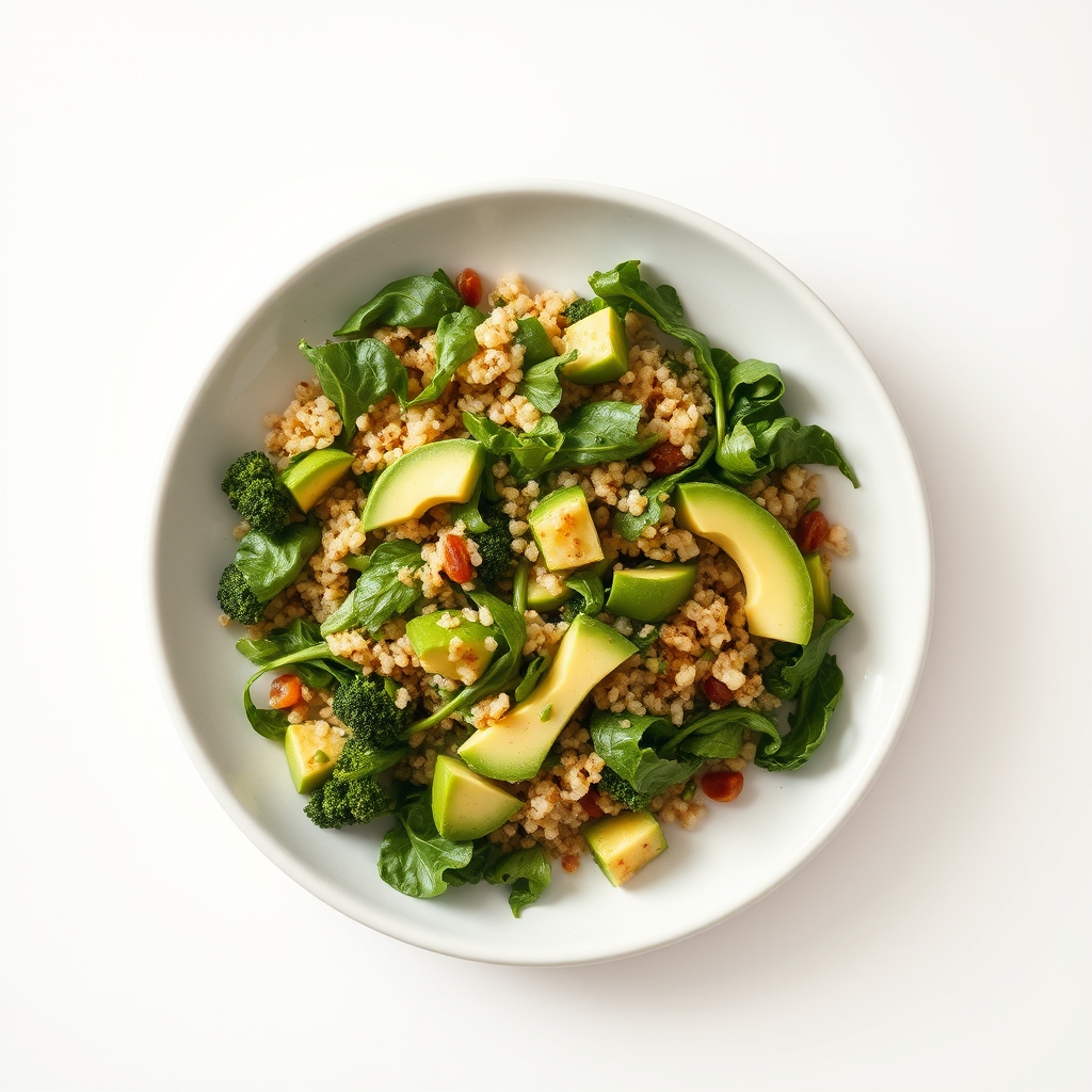 Groene salade met quinoa, avocado en geroosterde kalkoen